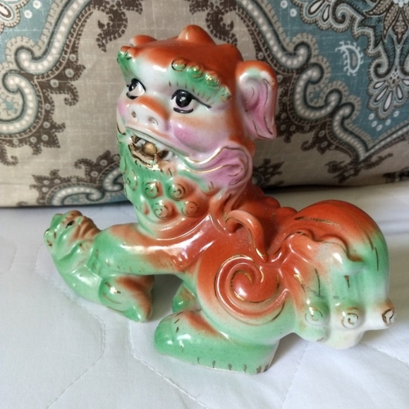 Rare Antique Female Hand-painted Orange & Green Chinese Feng Shui Foo Dog Lion - Picture 4 of 12